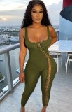 Summer Green Ribbed Sexy Lace Up Sleeveless Bodycon Jumpsuit