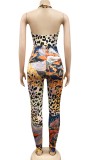 Summer Party Sexy Leopard Halter Bodysuit and Leggings 2 Piece Jumpsuit