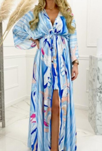 Autumn Print V-Neck Bat Sleeves Drawstrings Long Maxi Dress