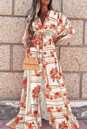 Autumn Print V-Neck Bat Sleeves Drawstrings Long Maxi Dress