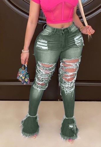 Autumn Army Green Sexy Ripped Bell Bottom Jeans