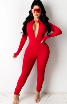 Autumn Red Long Sleeve Zip Up Skinney Jumpsuit