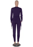 Autumn Purple Long Sleeve Round Neck Drawstring Top and Matching Pants Set
