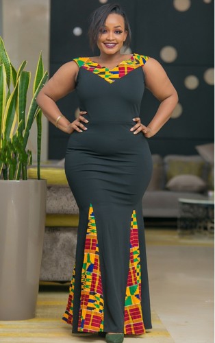 Zomer grote maat Afrikaanse zwarte mouwloze maxi-jurk met zeemeermin