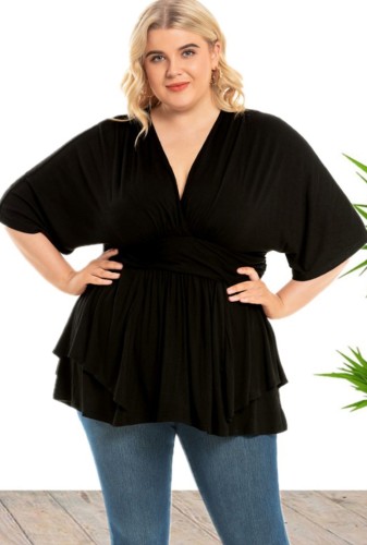 Herbst Plus Size Schwarze Flare Bluse mit halben Ärmeln und V-Ausschnitt