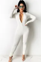 Autumn White Long Sleeve Zip Up Skinney Jumpsuit