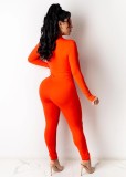 Autumn Orange Long Sleeve Zip Up Skinney Jumpsuit