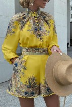 Autumn Yellow Tie-Front Paisley-Print Long Sleeve Top and Shorts Set