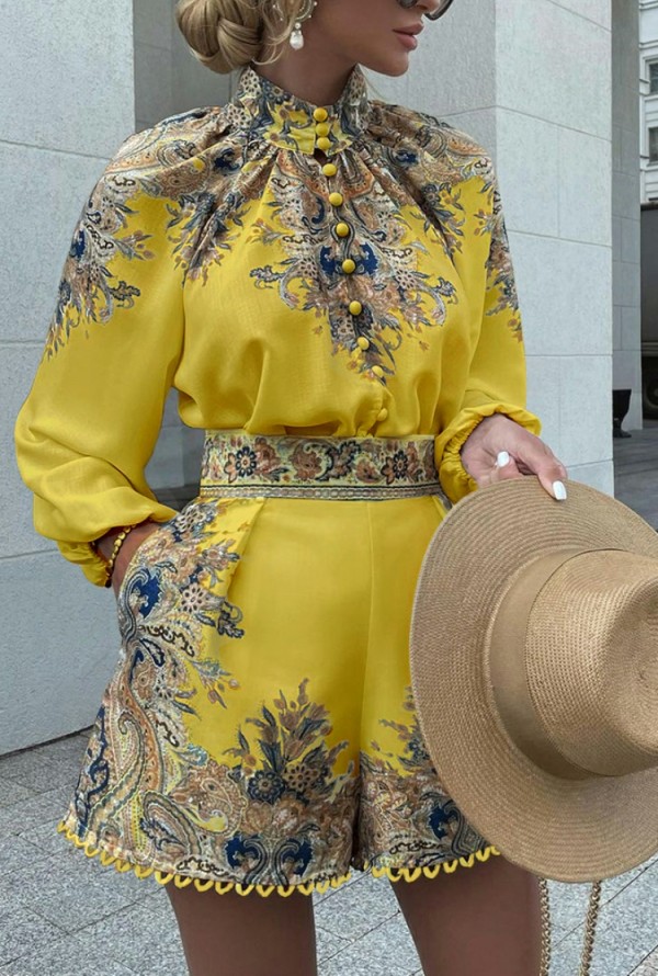 Autumn Yellow Tie-Front Paisley-Print Long Sleeve Top and Shorts Set