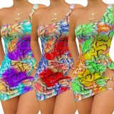 Summer Sexy Colorful Snake Skin Print One Shoulder Hollow out Mini Dress