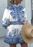 Autumn Blue Printed Buttoned-Up Long Sleeve Top and Shorts Set