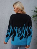Autumn Black and Blue Flames Long Sleeve Round-Neck Sweater