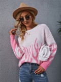 Autumn Pink and White Flames Long Sleeve Round-Neck Sweater