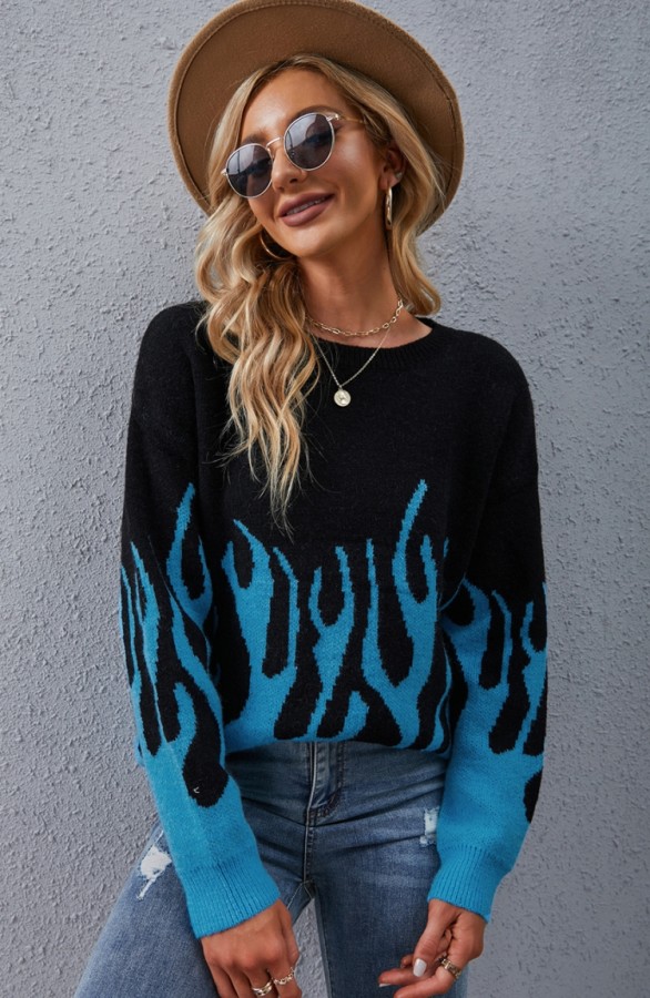 Autumn Black and Blue Flames Long Sleeve Round-Neck Sweater