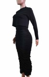 Autumn Pure Black Long Sleeve Top and Ruched Long Skirt Set