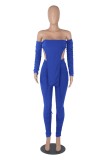 Autumn Sexy Blue Off Shouder Long Sleeve Top and Ruching Pants Set