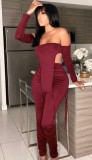 Autumn Sexy Red Off Shouder Long Sleeve Top and Ruching Pants Set