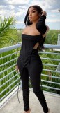 Autumn Sexy Black Off Shouder Long Sleeve Top and Ruching Pants Set