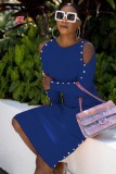 Autumn Blue Elegant Cutout Long Sleeve Slim Midi Dress