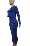 Autumn Pure Blue Long Sleeve Top and Ruched Long Skirt Set