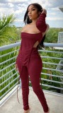 Autumn Sexy Red Off Shouder Long Sleeve Top and Ruching Pants Set