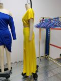 Autumn Yellow Sequin Formal V-Neck Crop Top and Slit Long Skirt Set