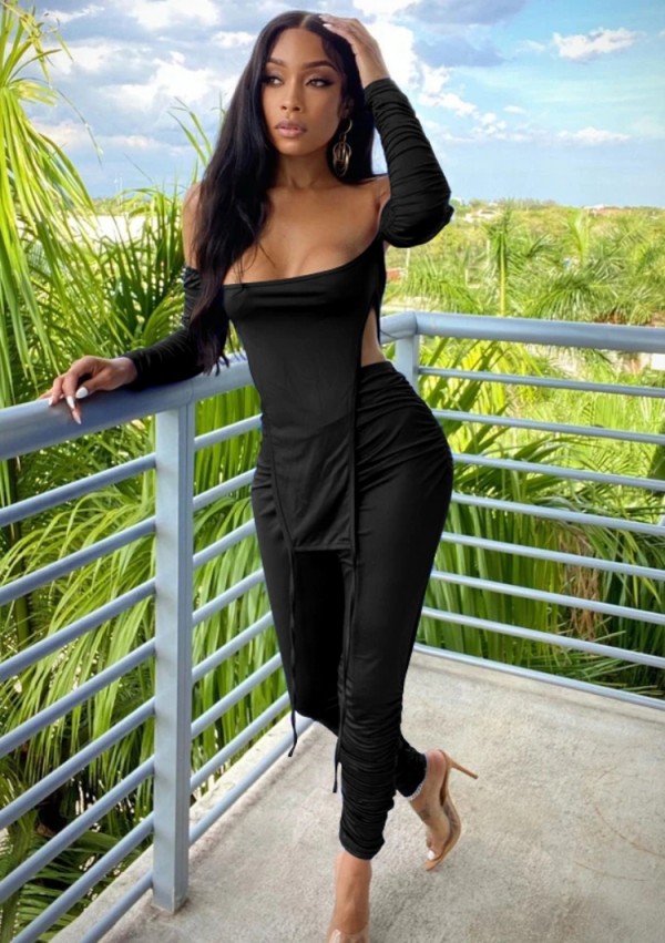 Autumn Sexy Black Off Shouder Long Sleeve Top and Ruching Pants Set