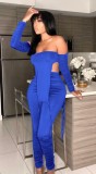 Autumn Sexy Blue Off Shouder Long Sleeve Top and Ruching Pants Set