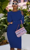 Autumn Blue Elegant Cutout Long Sleeve Slim Midi Dress