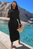 Autumn Pure Black Long Sleeve Top and Ruched Long Skirt Set