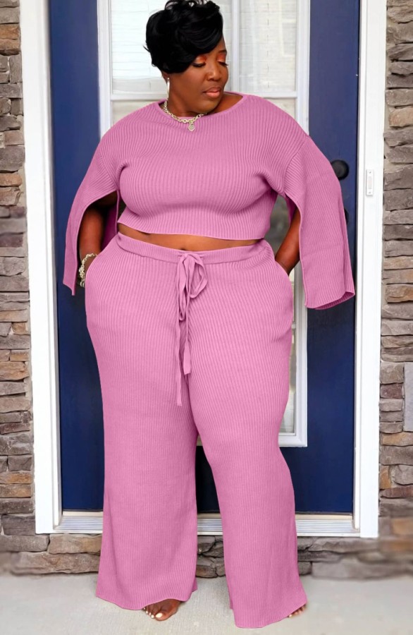 Autumn Plus Size Pink Slit Long Sleeve Top and Pant Set