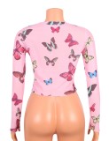 Autumn Sexy Pink Butterfly Print Long Sleeve Crop Top
