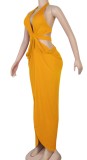 Summer Sexy Yellow Hollow out Slit Long Maxi Dress