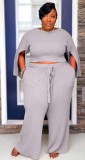 Autumn Plus Size Grey Slit Long Sleeve Top and Pant Set