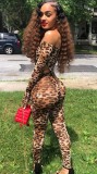 Autumn Sexy  Leopard Print Off Shoulder Long Sleeve Top and Pant Set