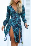 Autumn Sexy Blue Leopard Print V-neck Long Sleeve Midi Dress