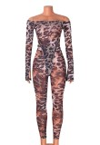 Autumn Sexy  Leopard Print Off Shoulder Long Sleeve Top and Pant Set