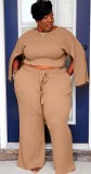 Autumn Plus Size Kahaki Slit Long Sleeve Top and Pant Set