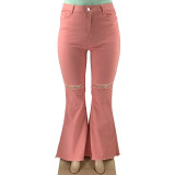 Autumn Plus Size Pink High Waist Ripped Flare Jeans