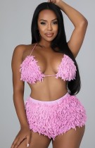 Autumn Sexy Pink Tie Neck Triangle Bra Top and Mini Shorts Set
