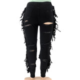Autumn Plus Size Black High Waist Ripped Tassel Jeans