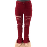 Autumn Plus Size Burgunry High Waist Ripped Flare Jeans