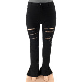 Autumn Plus Size Black High Waist Ripped Flare Jeans