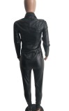 Autumn Black Leather Snap Button Open Collar Top and Skiny Pant Set