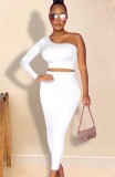 Autumn Sexy White One Shoulder Crop Top and Long Dress Set