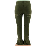 Autumn Plus Size Green High Waist Ripped Flare Jeans