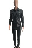Autumn Black Leather Snap Button Open Collar Top and Skiny Pant Set