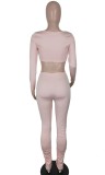 Autumn Sexy Beige Ruffles Long Sleeve Crop Top and Skinny Pant Set
