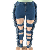Autumn Plus Size High Waist Ripped Tassel Jeans