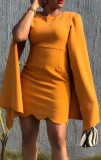 Autumn Elegant Ginger Round Neck Cloak Sleeve Office Dress with Wave Hem
